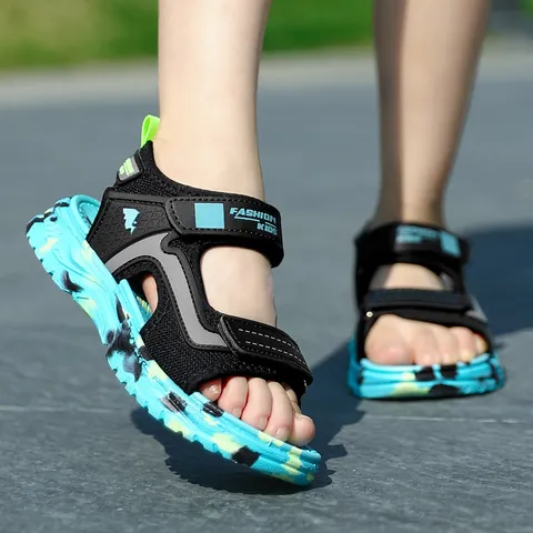 Kids Sporty Sandals Boys Girls Breathable Mesh Synthetic Leather Beach Shoes Hook And Loop Anti Slip Outdoor Summer Footwear