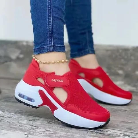 Women's Fashion Chunky Sneakers Breathable Flyknit Mesh Dad Shoes With Hook And Loop Air Cushion Thick Sole Casual Sports Shoes