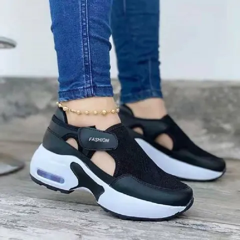 Women's Fashion Chunky Sneakers Breathable Flyknit Mesh Dad Shoes With Hook And Loop Air Cushion Thick Sole Casual Sports Shoes