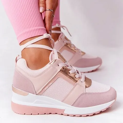 Women Fashion Platform Wedge Sneakers Mesh Breathable Lace Up Casual Sport Shoes For Outdoor Daily Walking Large Size