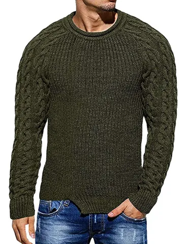 Men's Casual Round Neck Cable Knit Sweater Acrylic Solid Color Long Sleeve Pullover Top For Autumn Winter