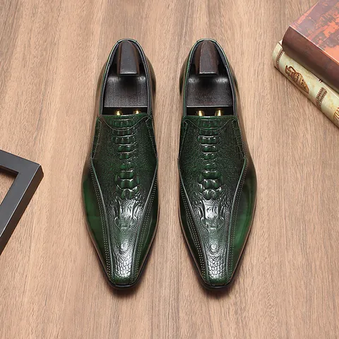 Men British Style Business Casual Leather Loafers Glossy Pointed Toe Crocodile Embossed Slip On Dress Shoes For Men