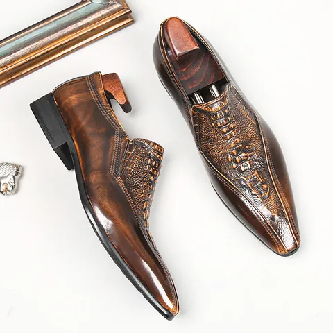 Men British Style Business Casual Leather Loafers Glossy Pointed Toe Crocodile Embossed Slip On Dress Shoes For Men