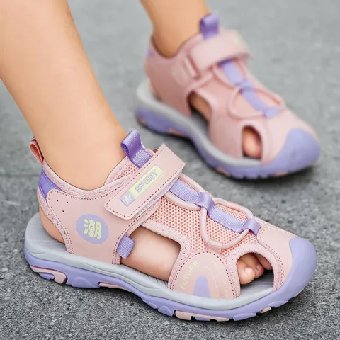 Kids Summer Breathable Hollow Closed Toe Sandals Synthetic Leather Mesh Patchwork Beach Shoes With Hook And Loop Closure For Boys Girls