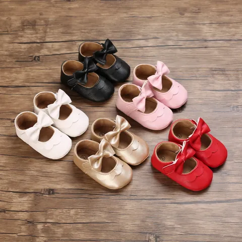 Baby Girls Princess Shoes Soft Sole First Walkers Infant Bow Breathable PU Leather Anti-Slip Mary Jane Flats For Toddlers