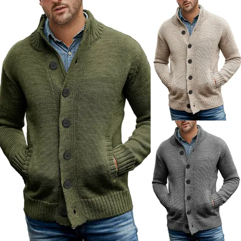 Men's Acrylic Knitted Cardigan Sweater Solid Color Single-Breasted Stand Collar Warm Jacket For Autumn Winter Casual Daily Wear
