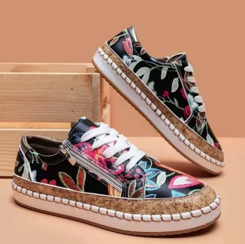 Women Ethnic Floral Print Platform Casual Shoes Low Top Side Zipper Lace-up Flat Loafers Breathable Comfortable Walking Shoes