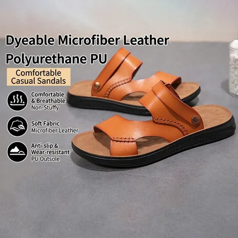 Men's Casual PU Leather Sandals Non-Slip Breathable Beach Slippers With Metal Buckles Summer Outdoor Fashion Men's Shoes