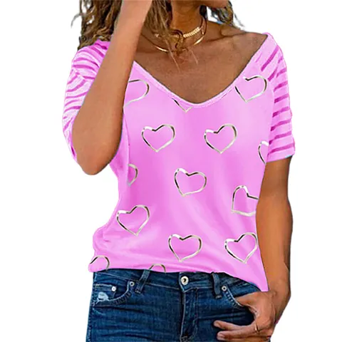 Γυναικείο T-Shirt με Εκτύπωση Καρδιά Λαιμόκοψη V Κοντό Μανίκι Ριγέ Σύνδεση Μεγάλο Μέγεθος Καλοκαιρινό Τοπ Πολυεστέρας Casual