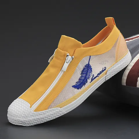 Men Casual Mesh Sneakers Breathable Ice Silk Vulcanized Shoes With Front Zipper Feather Embroidery Trendy Lightweight Board Shoes