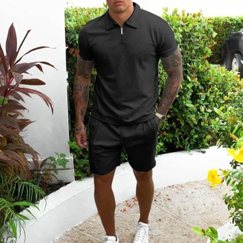Men's Summer Casual Solid Color Lapel Short Sleeve T-Shirt And Shorts Set Cotton Blend Sports Tracksuit