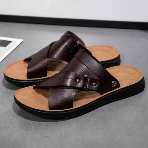 Men's Casual Microfiber Leather Two-Wear Sandals Non-Slip PU Sole Breathable Outdoor Beach Slides Cross Strap Sandals With Buckle Decor