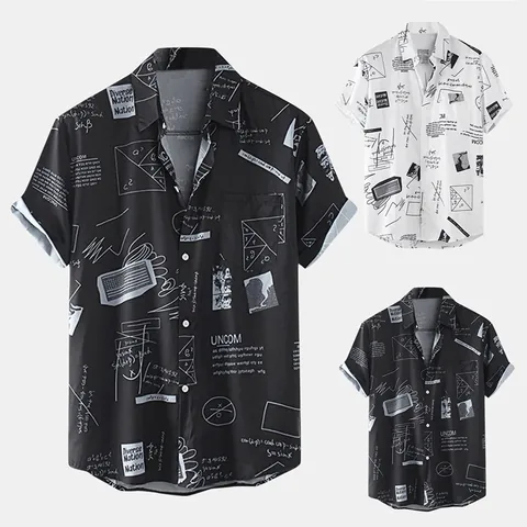 Camicia Casual da Uomo a Maniche Corte Stampa Graffiti Geometrica Vestibilità Ampia Abbottonata Colletto a Rever Streetwear Top in Poliestere