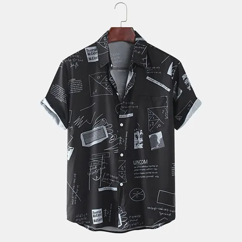 Camicia Casual da Uomo a Maniche Corte Stampa Graffiti Geometrica Vestibilità Ampia Abbottonata Colletto a Rever Streetwear Top in Poliestere
