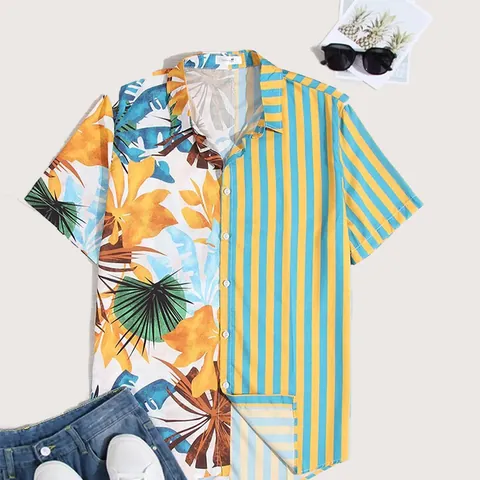 Men Casual Hawaiian Shirt Tropical Leaf Print Striped Split Design Short Sleeve Button Down Top Summer Beach Holiday Shirt
