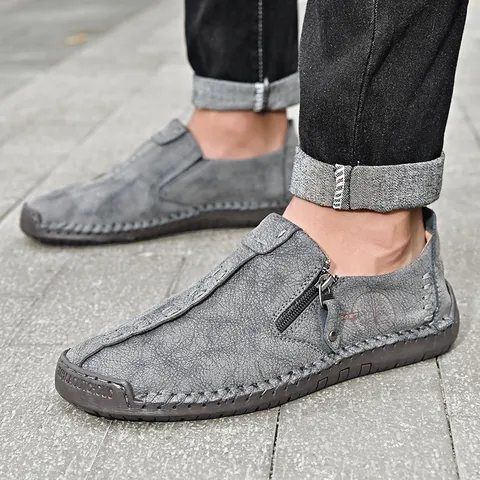 Herren Casual PU Leder Slipper Handgenäht Slip-On Business Schuhe Mit Reißverschluss Dekorative Details Gummisohle