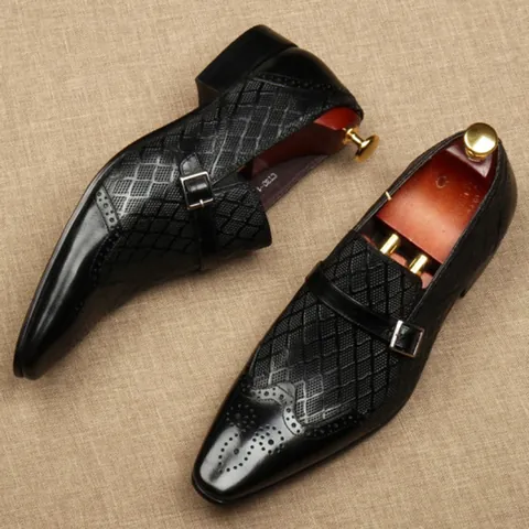 Men's Calfskin Leather Monk Strap Shoes Fashion Pointed Toe Hollow Out Brogue Business Casual Loafers Breathable Formal Shoes