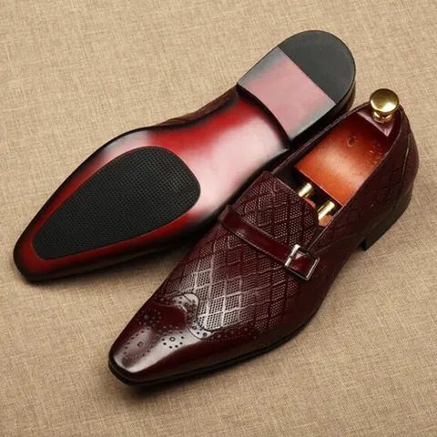 Men's Calfskin Leather Monk Strap Shoes Fashion Pointed Toe Hollow Out Brogue Business Casual Loafers Breathable Formal Shoes