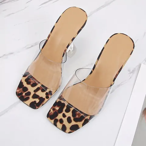 Zapatillas de Tacón Alto Transparentes de PVC con Punta Cuadrada para Mujer Sandalias de Tacón de Copa de Vino Plateado Albaricoque Leopardo