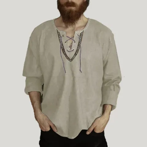 Camicia da Uomo Casual in Misto Cotone a Maniche Lunghe Vintage con Lacci Scollo a V Collo Coreana Ricamato Etnico Top