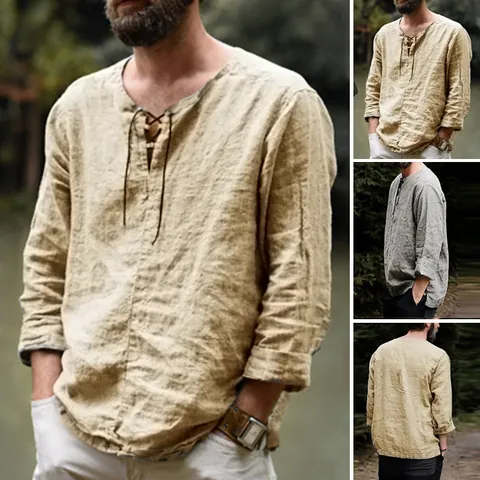 Camicia da Uomo in Misto Cotone Casual Collo in Piedi Scollo a V Stringato Manica Lunga Larga Tinta Unita Stile Vintage Top