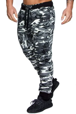 Men Casual Cotton Fleece Jogger Pants Camouflage Hip Hop Moto Style Ribbed Knee Drawstring Sweatpants For Sports Fitness