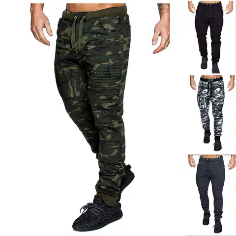 Men Casual Cotton Fleece Jogger Pants Camouflage Hip Hop Moto Style Ribbed Knee Drawstring Sweatpants For Sports Fitness