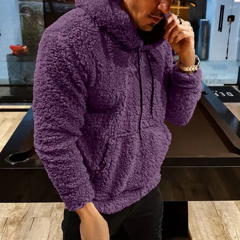 Men Teddy Fleece Hoodie Polyester Solid Color Long Sleeve Drawstring Sweatshirt With Kangaroo Pocket Loose Casual Jacket