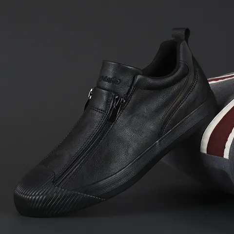 Men Casual Zipper Sneakers Microfiber Leather Flat Low Top Shell Toe Stripe Cap Shoes For Autumn Daily Walking Comfortable