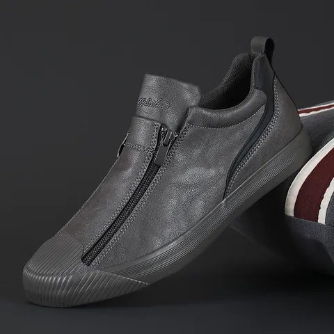 Men Casual Zipper Sneakers Microfiber Leather Flat Low Top Shell Toe Stripe Cap Shoes For Autumn Daily Walking Comfortable