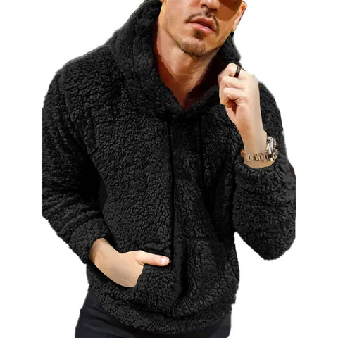 Men Teddy Fleece Hoodie Polyester Solid Color Long Sleeve Drawstring Sweatshirt With Kangaroo Pocket Loose Casual Jacket