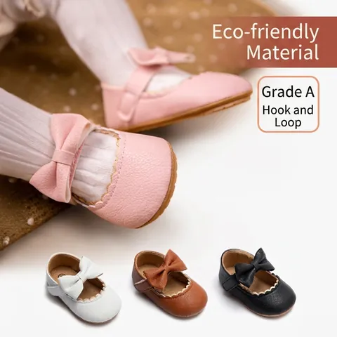 Infant Baby Girl Princess Shoes Bowknot Scalloped Trim Mary Janes Non-slip Rubber Sole Toddler Walking Shoes PU Leather Fashion Dress Shoes