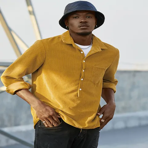 Camicia da Uomo Casual in Velluto a Coste a Righe Manica Lunga Colletto Rovesciato Vestibilità Larga Top Primavera Autunno Moda Uomo
