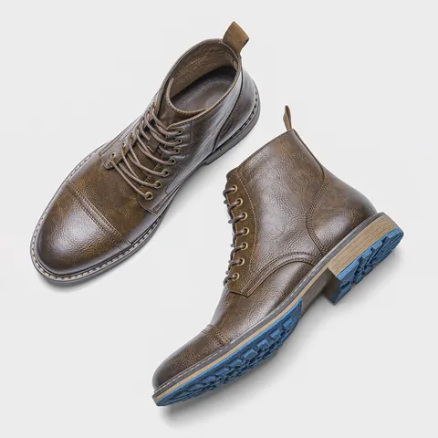 Uomo Stivali Martin Retro Alto Stringati Moda Casual in Pelle PU Scarpe da Lavoro Antiscivolo per Uomo Autunno Inverno Quotidiano
