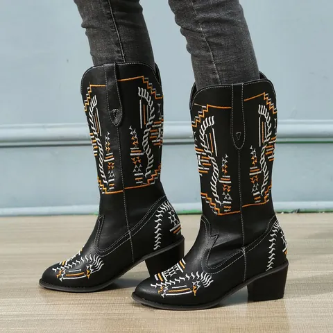 Women Mid-Calf Embroidered Western Cowboy Boots Pointed Toe Chunky Mid Heel Martin Boots Casual PU Leather Pull-on Shoes