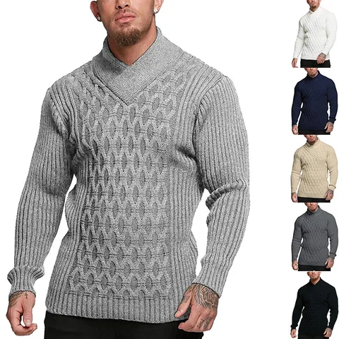 Men Shawl Collar Cable Knit Sweater Casual Solid Color Long Sleeve Acrylic Knitted Pullover Top For Autumn Winter