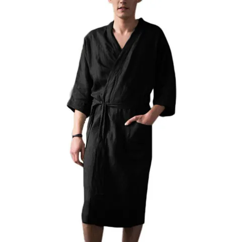 Men's Casual Thin Cotton Robe Three-Quarter Sleeve V-Neck Sleepwear With Belt Home Wear Solid Color Loungewear