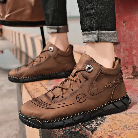 Men High-Top Casual Work Boots Martin Style Microfiber Leather Lace-Up Non-Slip Rubber Sole Shoes Industrial Retro Outdoor Boots