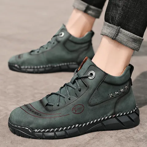 Men High-Top Casual Work Boots Martin Style Microfiber Leather Lace-Up Non-Slip Rubber Sole Shoes Industrial Retro Outdoor Boots