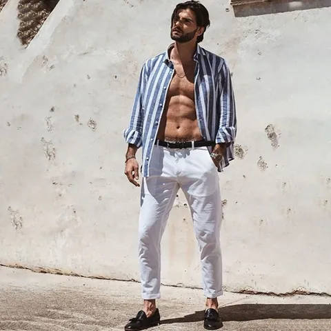 Men Casual Cotton Striped Long Sleeve Shirt Hawaiian Beach Breathable Button Down Top Relaxed Fit Summer Vacation Thin Blouse
