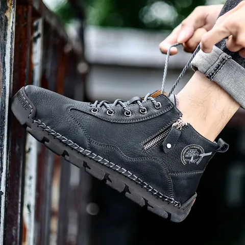 Men Genuine Cowhide Leather Retro Work Boots Mid-top Casual Outdoor Side Zipper Lace-up Non-slip Shoes For Autumn Winter