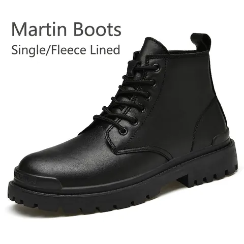 Men High Top Martin Boots Split Leather Non-Slip Outdoor Work Casual Boots Warm Plush Lined Lace Up Fashion Trendy Winter Shoes