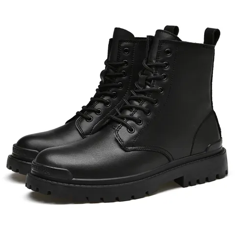Men High Top Martin Boots Split Leather Non-Slip Outdoor Work Casual Boots Warm Plush Lined Lace Up Fashion Trendy Winter Shoes
