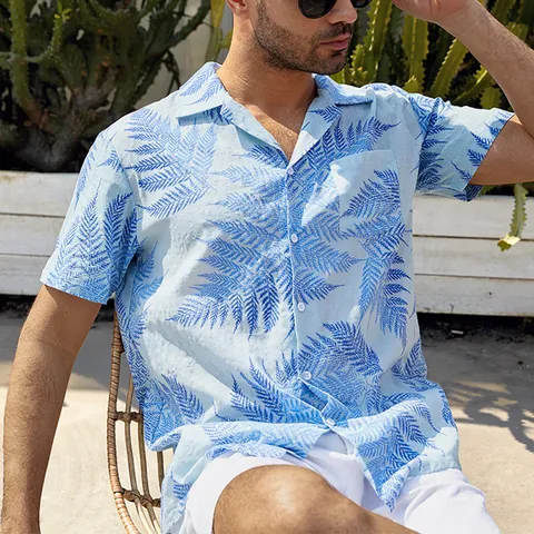 Men Tropical Leaf Print Short Sleeve Shirt Polyester Casual Summer Loose Beach Hawaiian Holiday Top Button Down Shirt