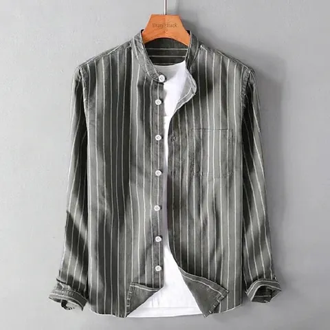 Camisa Casual de Manga Larga a Rayas Verticales Para Hombre Cuello Mao Poliéster Transpirable Top de Moda Uso Diario