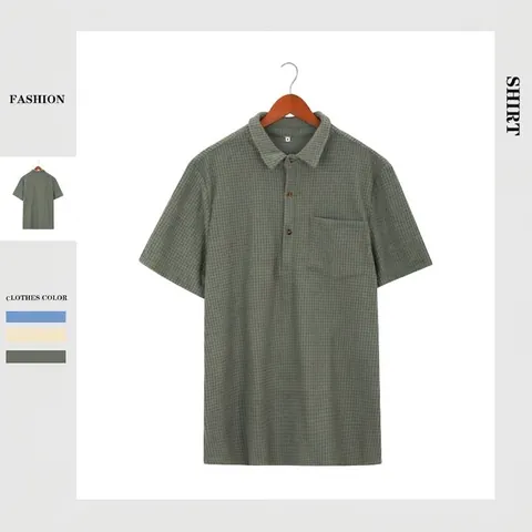 Camicia da Uomo Estiva in Maglia a Nido d'Ape a Maniche Corte Casual Vestibilità Comoda Tinta Unita Con Revers e Tasca