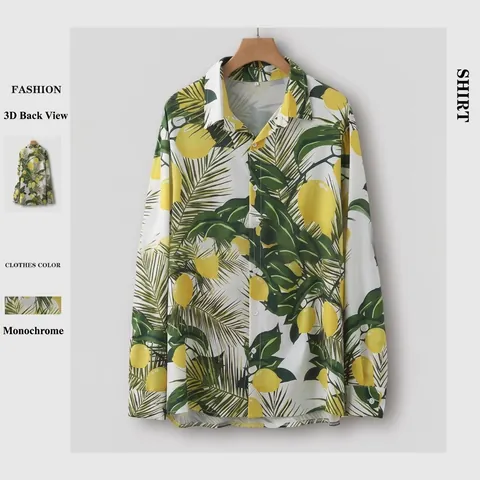 Camicia Hawaiana a Maniche Corte da Uomo Stampa Digitale Limone Tropicale Foglia di Palma Casual Spiaggia Estiva Top a Bottoni