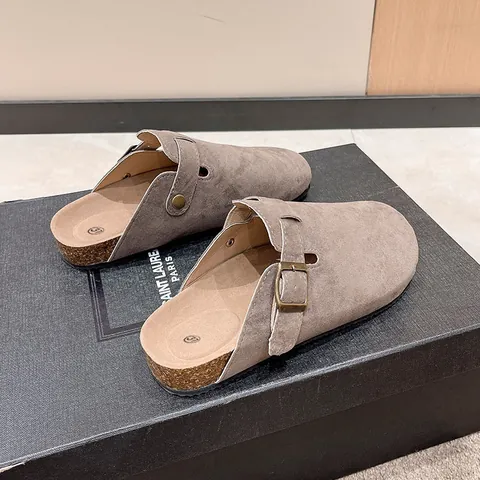Women Men Casual Suede Clogs Mules With Adjustable Metal Buckle Cork Textured Sole Closed Toe Slip-on Slippers Outdoor Fashion Shoes