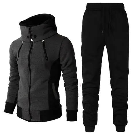 Men's Casual Color Block Sporty Tracksuit Set Thickened Hooded Jacket And Long Pants Outdoor Activewear Top And Bottom
