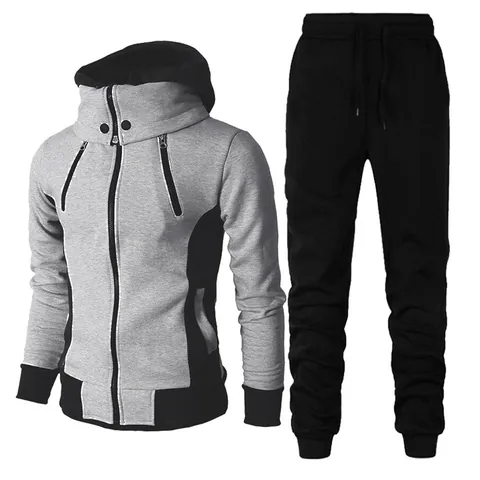 Men's Casual Color Block Sporty Tracksuit Set Thickened Hooded Jacket And Long Pants Outdoor Activewear Top And Bottom